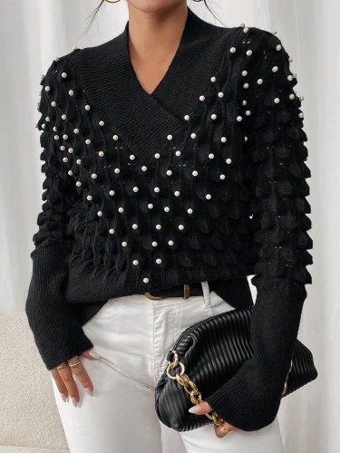 Women'S Elegant Long Sleeve V-Neck Sweater with Rhinestone Embellishments