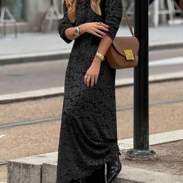 Elegant Lace Fashion Contrast Round Neck Long Sleeve Dress