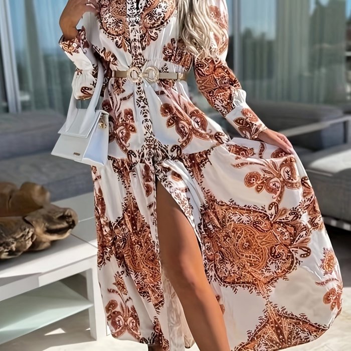 Bohemian V-Neck Porcelain Lantern Sleeves Print Long Maxi Dress
