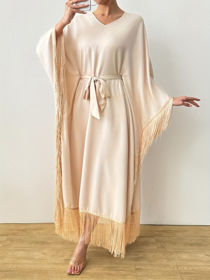 Women's Chic Long Sleeve Casual V-Neck Tassel Kaftan Dress
