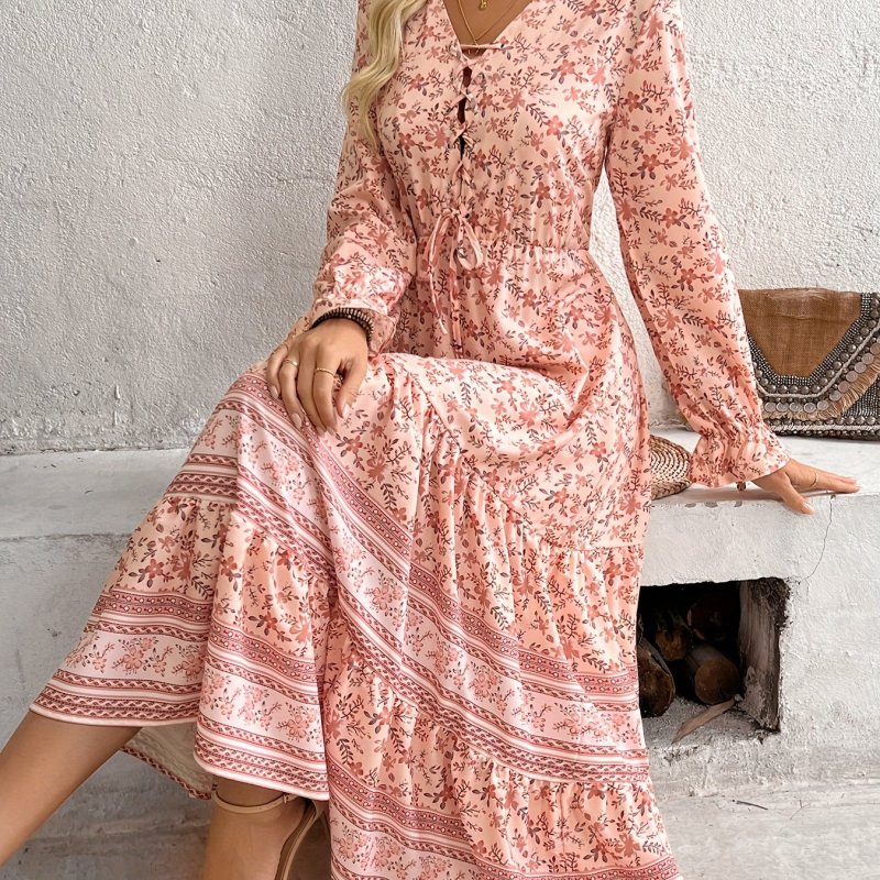 Women's Long Sleeve Bohemian Long Dress with Drawstring and Small Floral Print