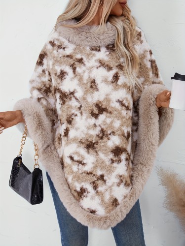 Casual Fuzzy Knit Crew Neck Poncho - Long Sleeve Sweater for Fall & Winter - Women's Clothing