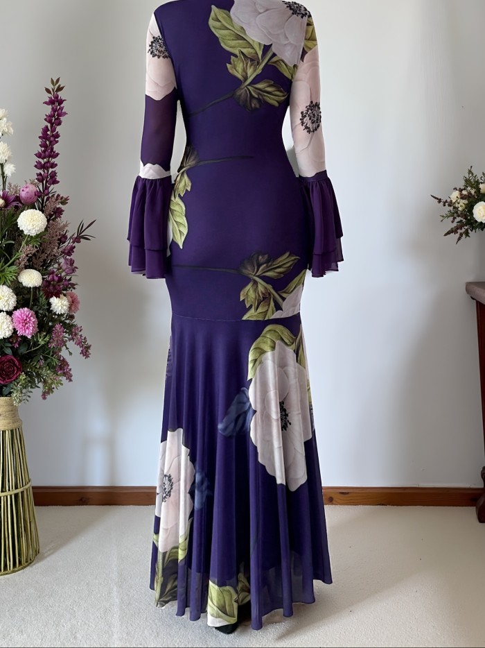 Elegant Floral Long Sleeve Round Neck Elegant Floral Print Maxi Dress for Women