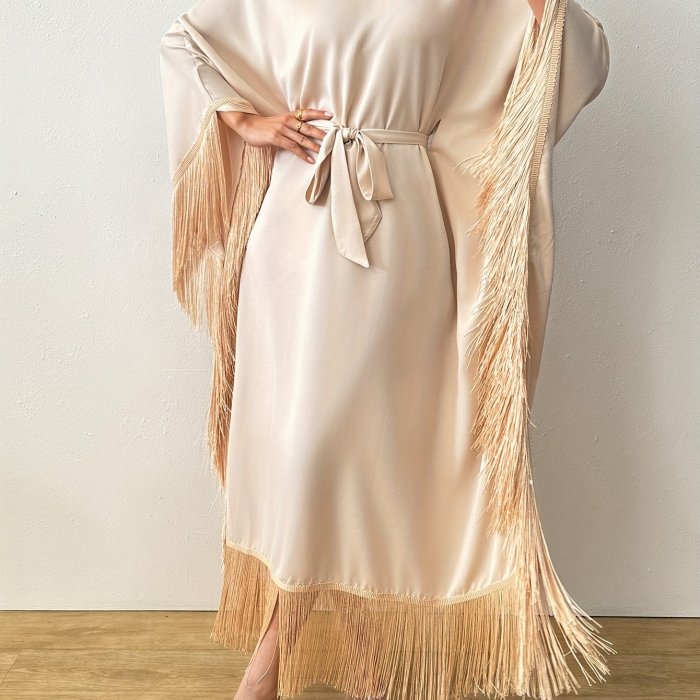 Women's Chic Long Sleeve Casual V-Neck Tassel Kaftan Dress