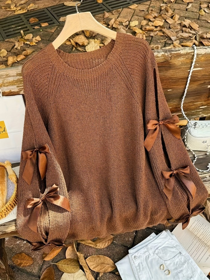 Soft Warm Winter Loose Fit Round Neck Long Sleeve Pullover Elegant Brown Sweater