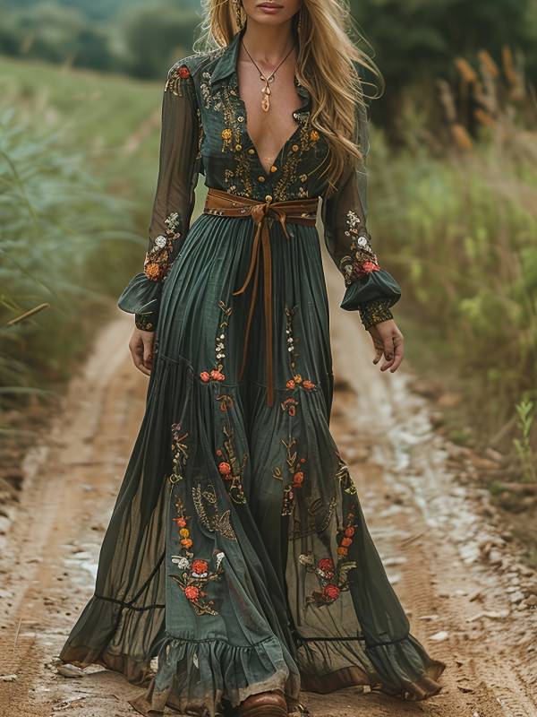 Women'S Bohemian Long Flowing Lantern Sleeves A-Line Beach Floral Maxi Dress