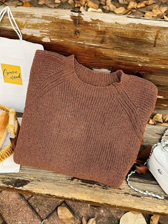 Soft Warm Winter Loose Fit Round Neck Long Sleeve Pullover Elegant Brown Sweater