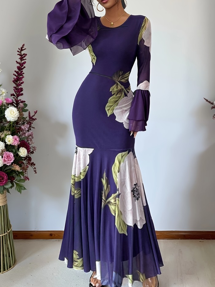 Elegant Floral Long Sleeve Round Neck Elegant Floral Print Maxi Dress for Women