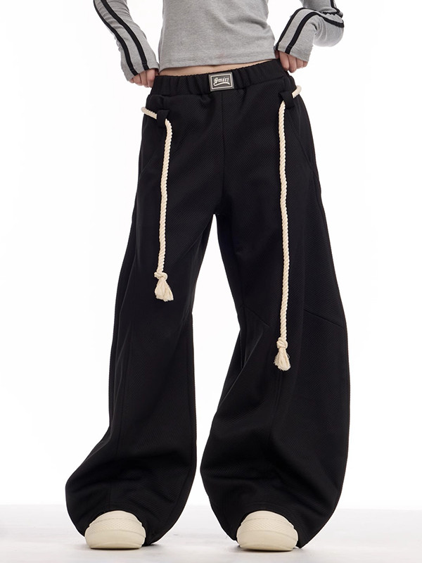 Solid Color Pockets Elasticity Drawstring Loose High Waisted Trousers Pants