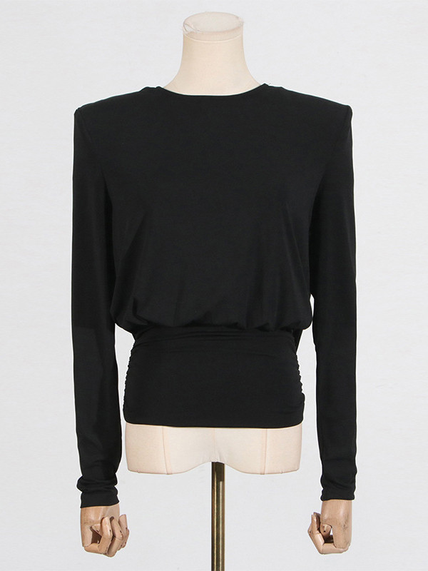 Solid Color Shoulder Pad Backless Long Sleeves Round-Neck Blouses&Shirts Tops