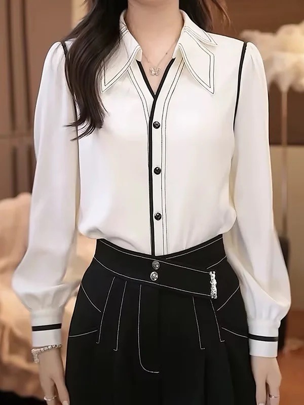Pleated Contrast Color Buttoned Long Sleeves Lapel Blouses&Shirts Tops