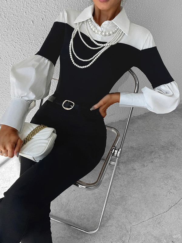 Split-Joint Pleated Contrast Color Buttoned Loose Long Sleeves Lapel Blouses&Shirts Tops