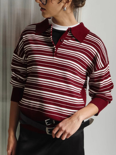 Striped Split-Joint Long Sleeves V-neck Sweater Tops