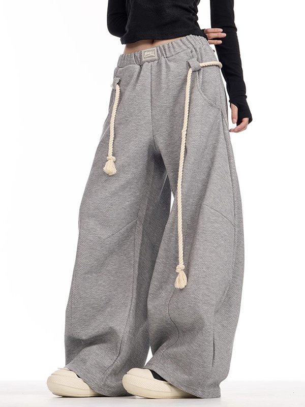 Solid Color Pockets Elasticity Drawstring Loose High Waisted Trousers Pants