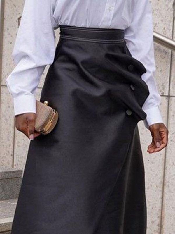 Split-Joint Pleated Buttoned Asymmetric Loose A-Line Skirts