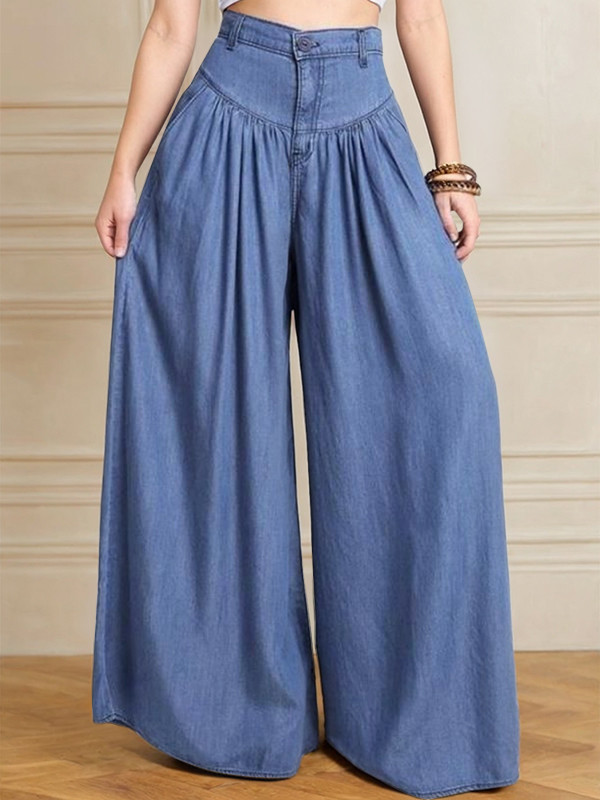 Zipper Solid Color Buttoned Wide Leg Loose Trousers Jean Pants Bottoms