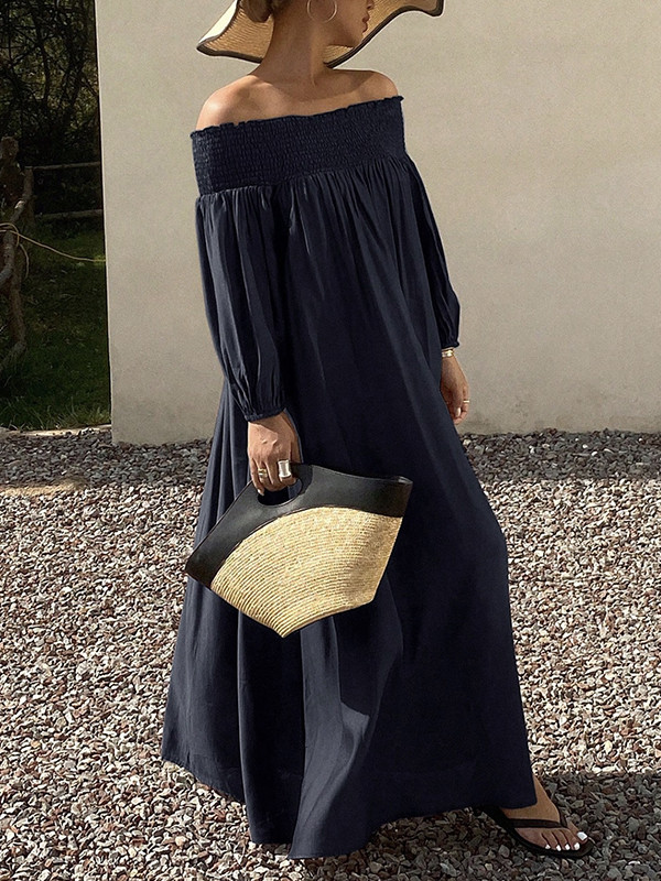 Solid Color Pleated Elasticity Puff Sleeves Loose Off-the-shoulder Maxi Dresses