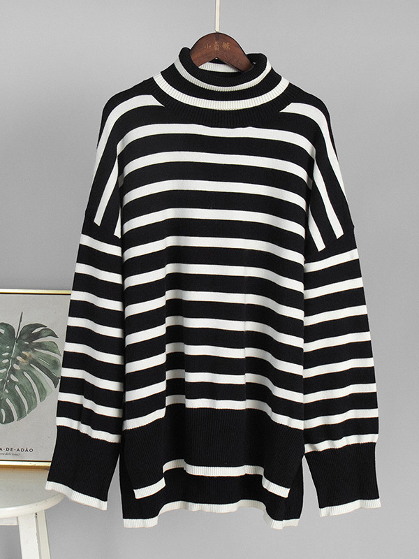 Striped Split-side Split-Joint Loose Long Sleeves High Neck Sweater Tops