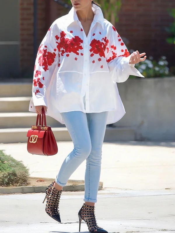 High-Low Loose Buttoned Flower Print Split-Joint Split-Side Lapel Blouses&Shirts Tops