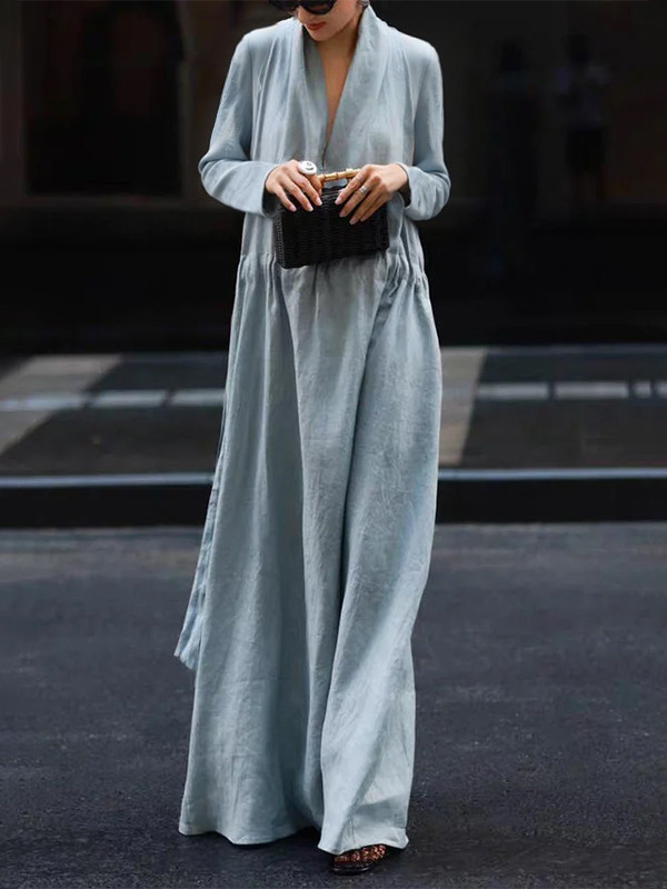 Solid Color Elasticity Loose Long Sleeves V-Neck Maxi Dresses