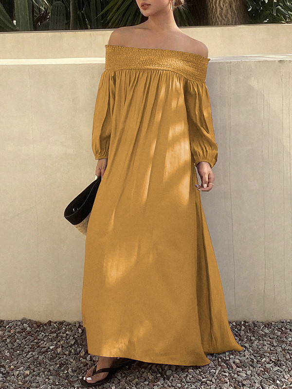 Solid Color Pleated Elasticity Puff Sleeves Loose Off-the-shoulder Maxi Dresses