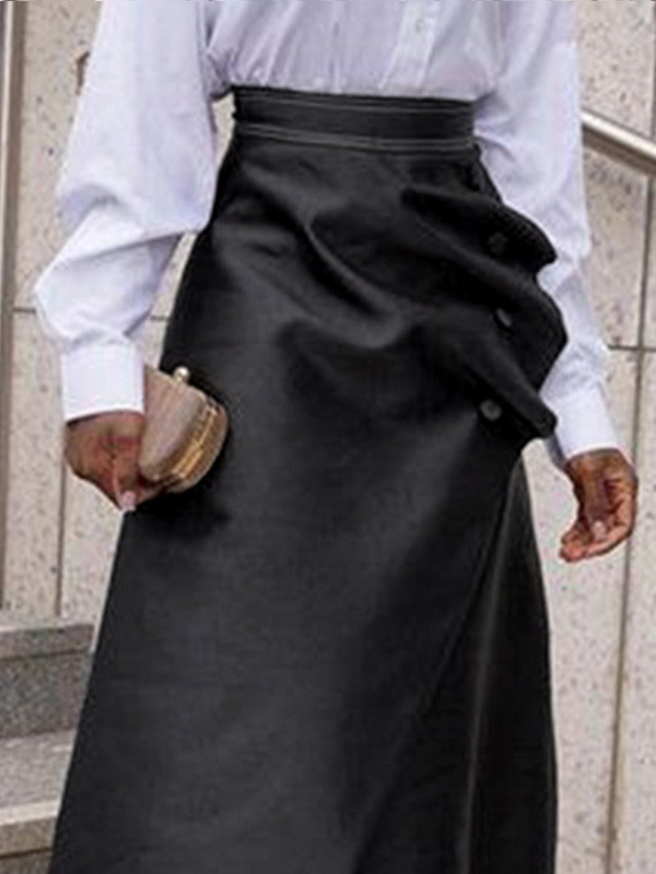 Split-Joint Pleated Buttoned Asymmetric Loose A-Line Skirts