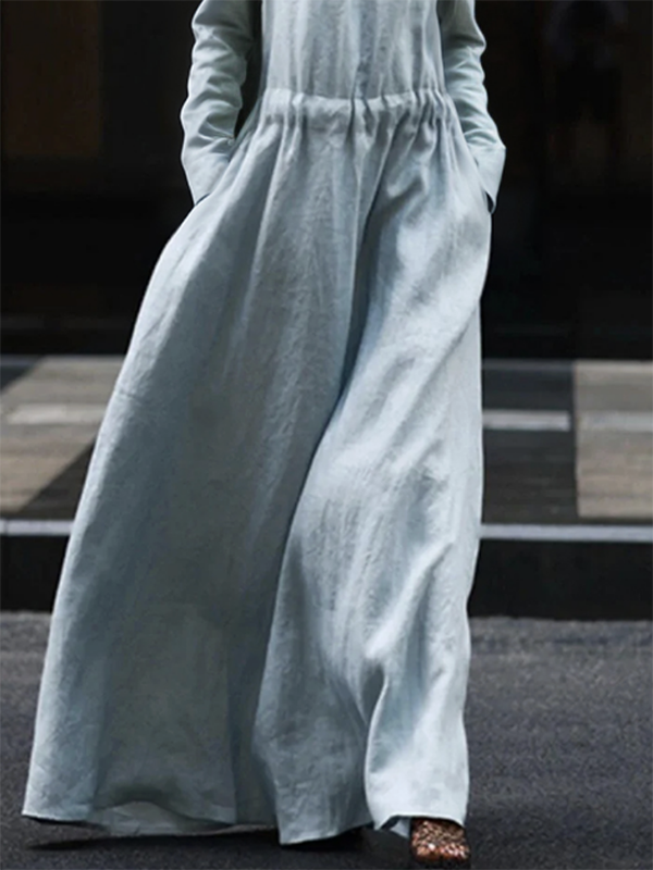 Solid Color Elasticity Loose Long Sleeves V-Neck Maxi Dresses