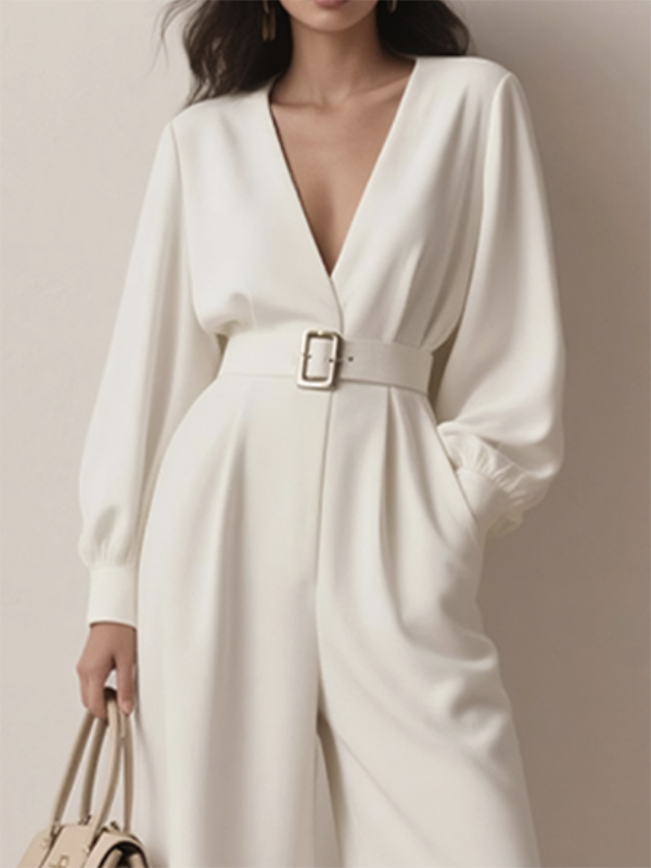 Solid Color Hollow Belted Wide Leg Puff Sleeves Deep V-Neck Jumpsuits