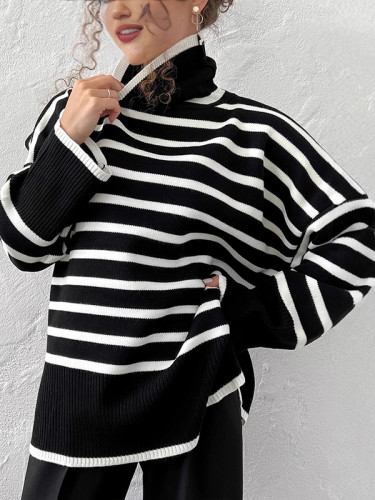 Striped Split-side Split-Joint Loose Long Sleeves High Neck Sweater Tops