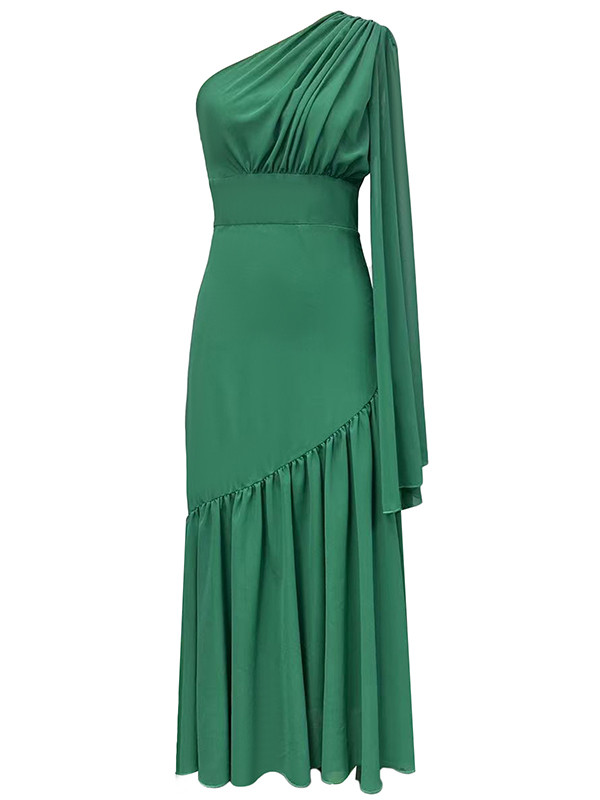 Zipper Solid Color Pleated Loose Long Sleeves One-Shoulder Maxi Dresses
