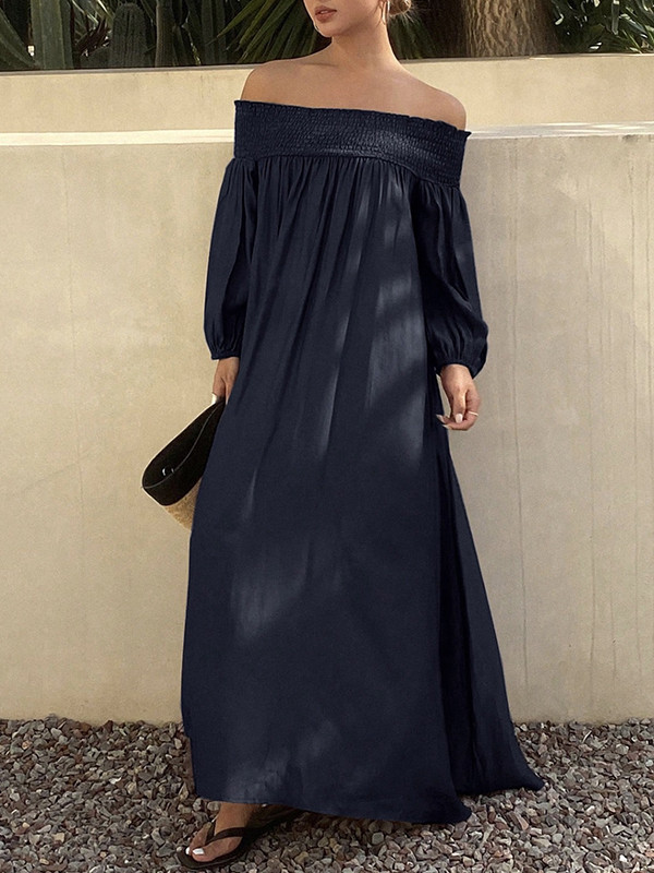 Solid Color Pleated Elasticity Puff Sleeves Loose Off-the-shoulder Maxi Dresses