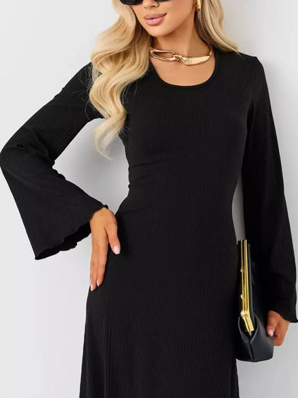 Split-Joint Solid Color Ruffled Pleated Long Sleeves Round-neck Maxi Dresses