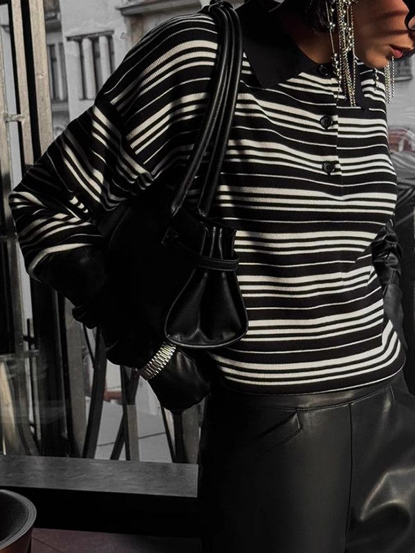 Striped Split-Joint Long Sleeves V-neck Sweater Tops