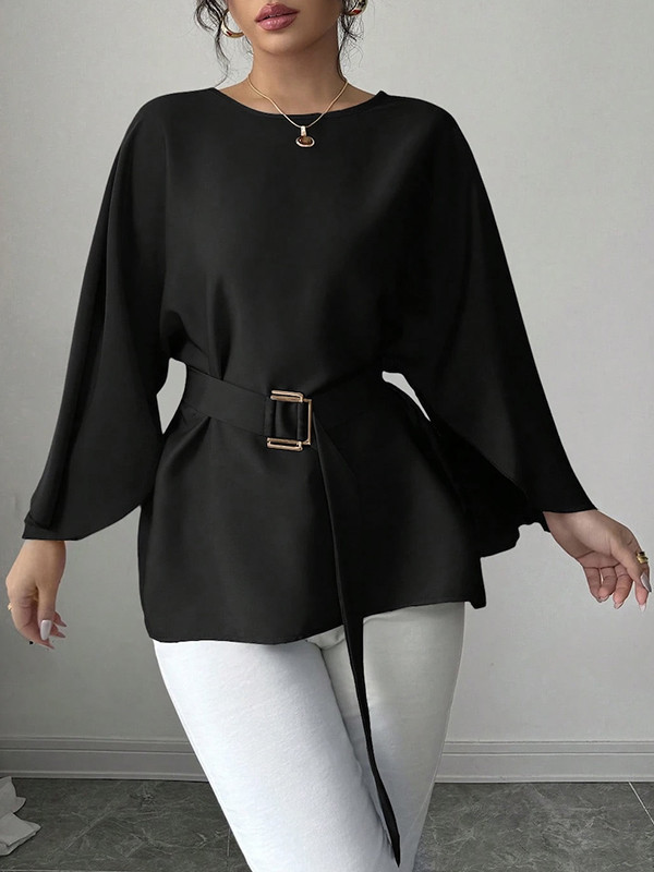 Tied Waist Split-Joint Batwing Sleeves Round-Neck Blouses&Shirts Tops