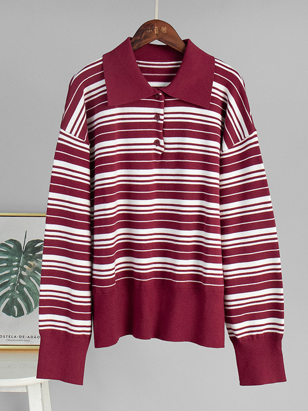 Striped Split-Joint Long Sleeves V-neck Sweater Tops