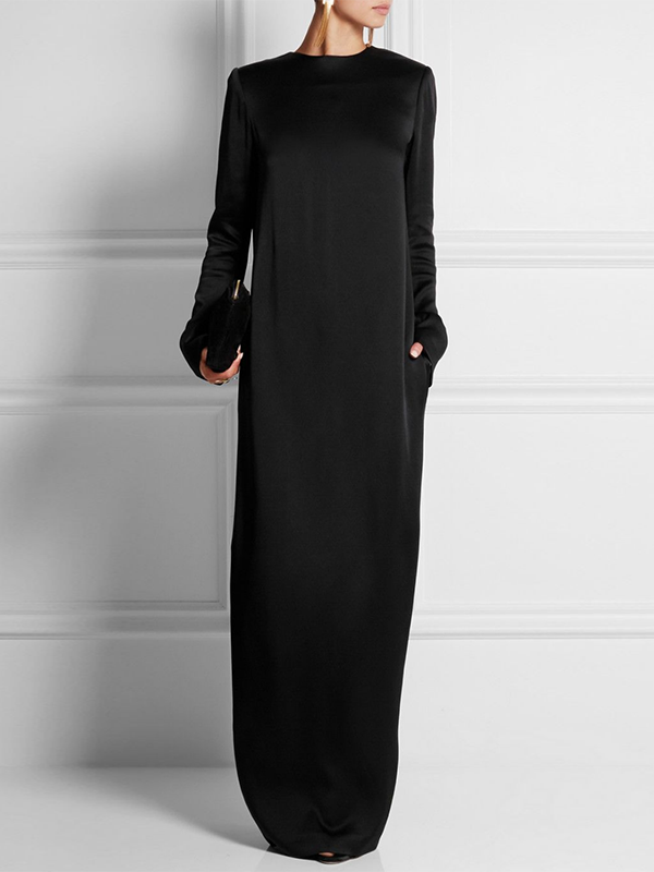 Solid Color Loose Long Sleeves Round-Neck Maxi Dresses