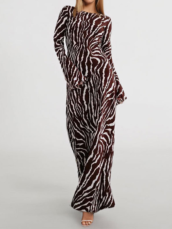 Zebra Printed Split-Toe Long Sleeves Round-neck Maxi Dresses