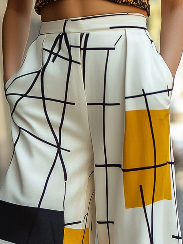 Split-Joint Printed Asymmetric Loose High Waisted Trousers Pants