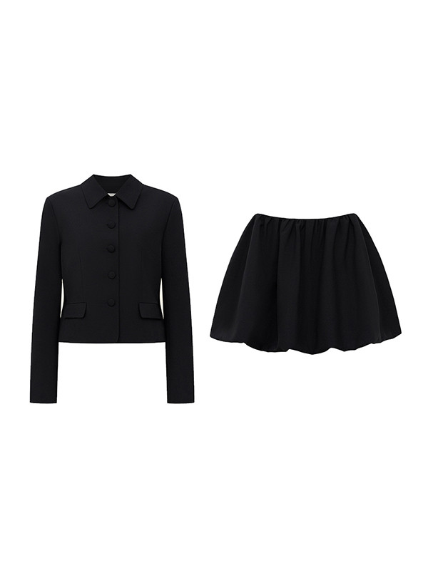 Solid Color Split-Joint Lapel Long Sleeves Blazer Suits + Pleated Mini Skirts Two Pieces Set