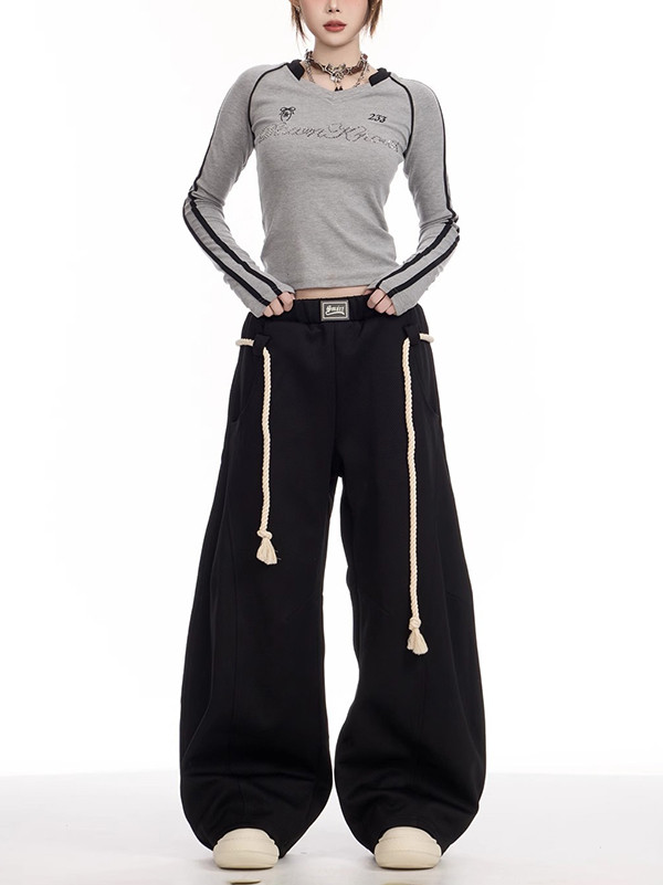 Solid Color Pockets Elasticity Drawstring Loose High Waisted Trousers Pants