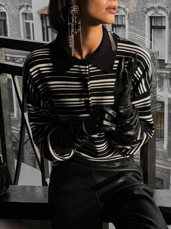 Striped Split-Joint Long Sleeves V-neck Sweater Tops