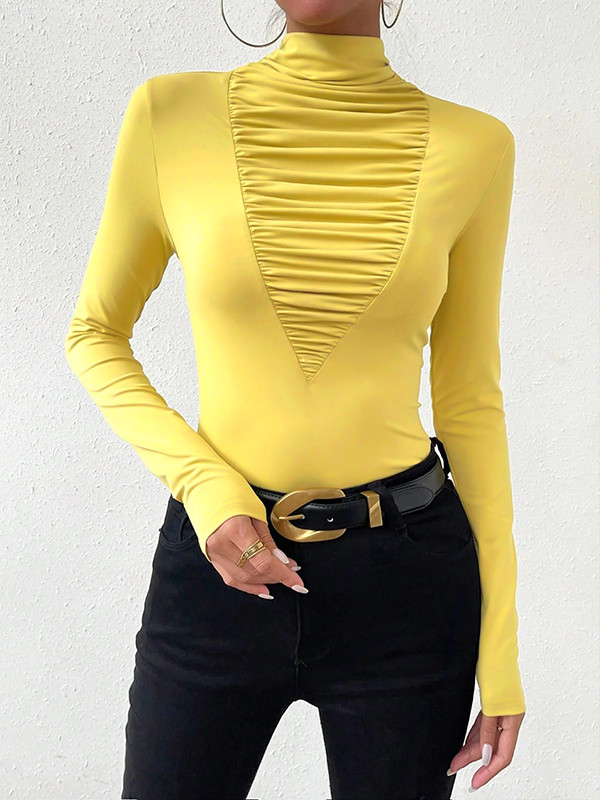 Split-Joint Solid Color Pleated Skinny Long Sleeves High Neck T-Shirts Tops