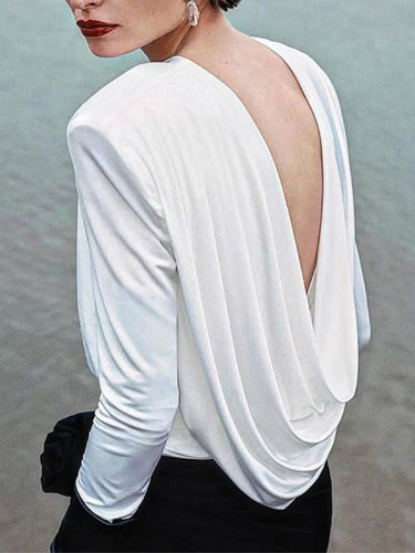 Solid Color Shoulder Pad Backless Long Sleeves Round-Neck Blouses&Shirts Tops