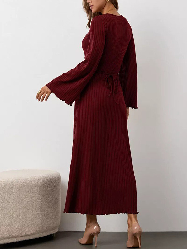 Split-Joint Solid Color Ruffled Pleated Long Sleeves Round-neck Maxi Dresses
