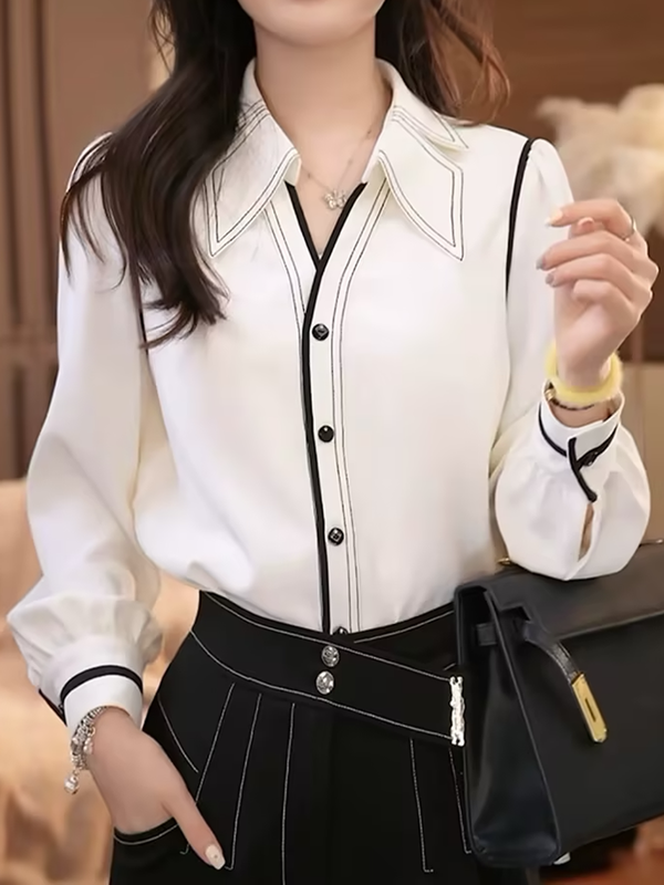 Pleated Contrast Color Buttoned Long Sleeves Lapel Blouses&Shirts Tops