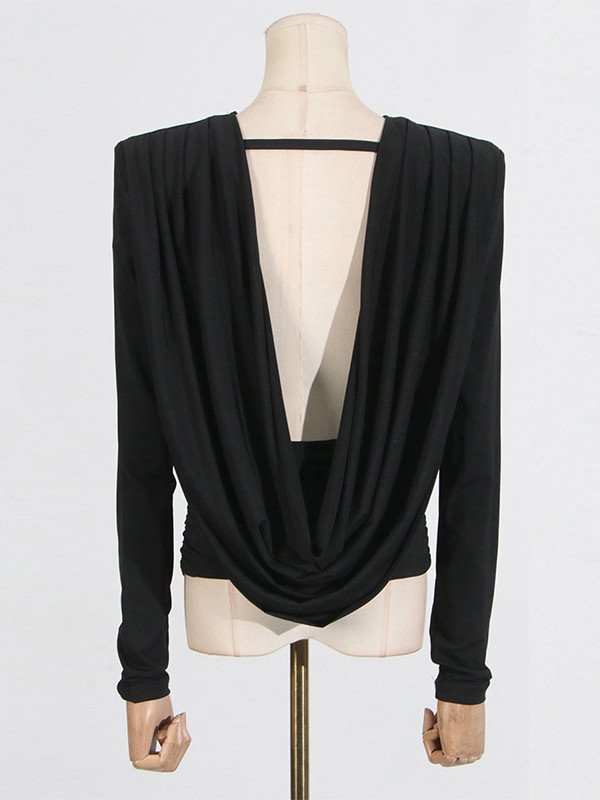 Solid Color Shoulder Pad Backless Long Sleeves Round-Neck Blouses&Shirts Tops