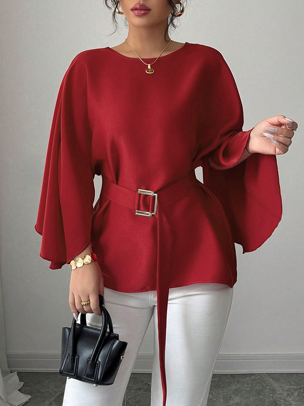 Tied Waist Split-Joint Batwing Sleeves Round-Neck Blouses&Shirts Tops