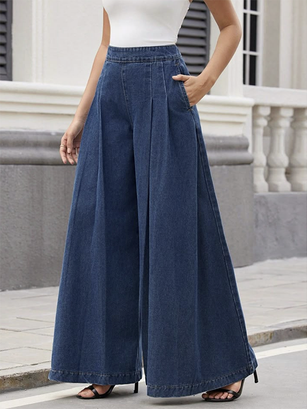 Solid Color Pockets Pleated Wide Leg Loose Trousers Jean Pants Bottoms