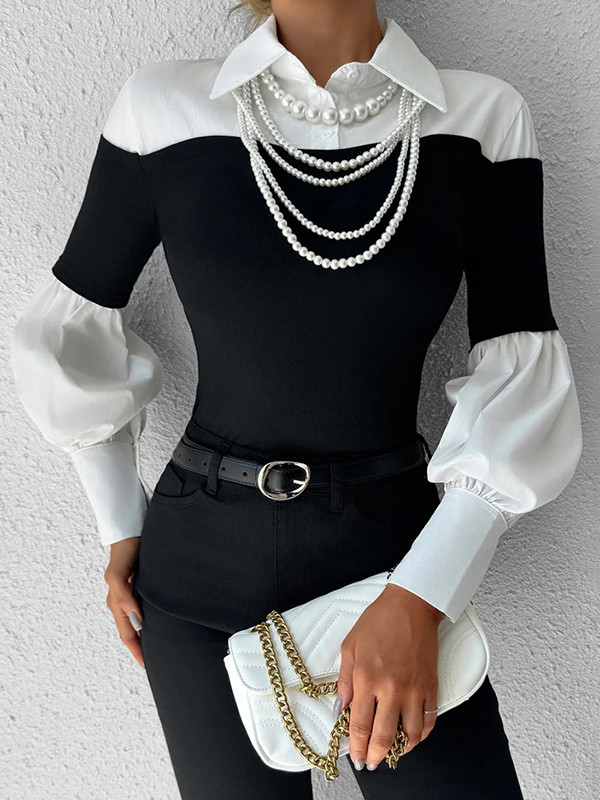 Split-Joint Pleated Contrast Color Buttoned Loose Long Sleeves Lapel Blouses&Shirts Tops