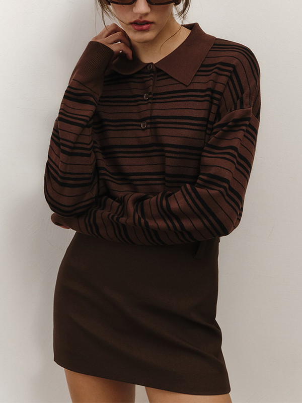 Striped Split-Joint Long Sleeves V-neck Sweater Tops